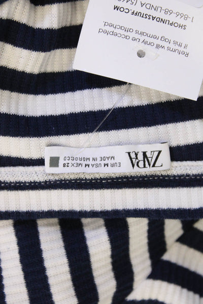 Zara Women Cropped Striped T-Shirt Dark Blue Long Sleeve Crew Neck Size M