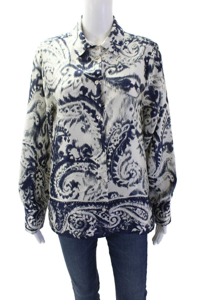 Zara Women Blue Paisley Collared Button-Up Blouse Long Sleeve Size L