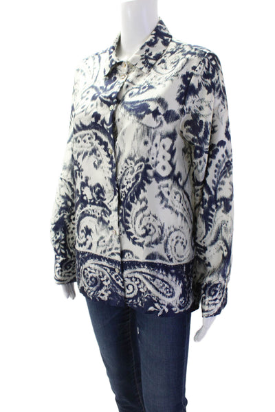 Zara Women Blue Paisley Collared Button-Up Blouse Long Sleeve Size L