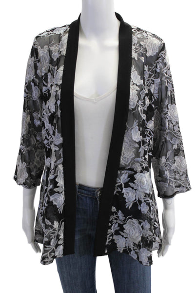 Alex Evenings Women Black Floral Polyester Blazer 3/4 Sleeve Bohemian Size M