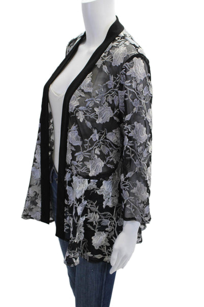Alex Evenings Women Black Floral Polyester Blazer 3/4 Sleeve Bohemian Size M