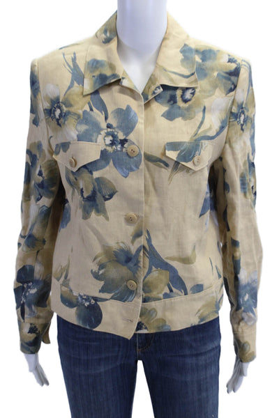 Peter Nygard Womens Linen Floral Print Collared Open Front Blazer Yellow Size 10