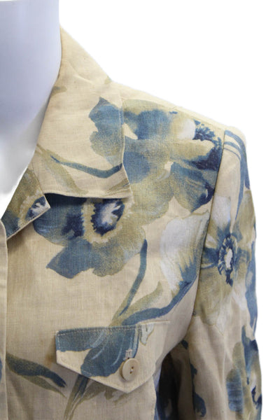 Peter Nygard Womens Linen Floral Print Collared Open Front Blazer Yellow Size 10