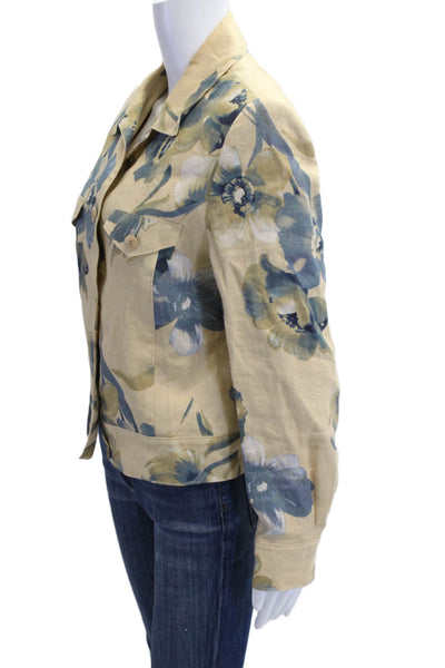 Peter Nygard Womens Linen Floral Print Collared Open Front Blazer Yellow Size 10