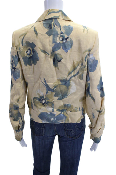 Peter Nygard Womens Linen Floral Print Collared Open Front Blazer Yellow Size 10