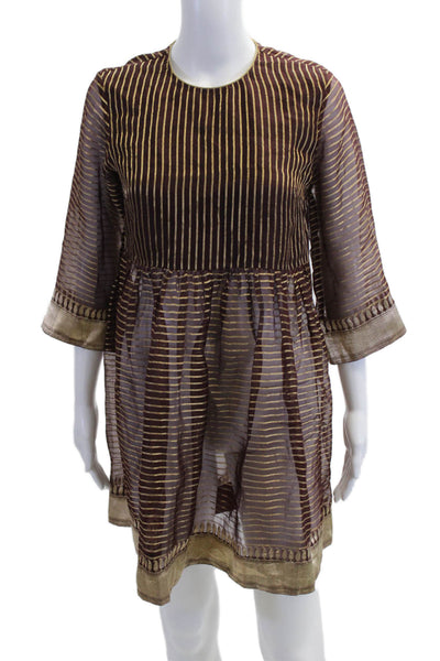 Designer Womens Brown Shift Dress 3/4 Sleeve Round Neck Size S