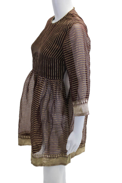 Designer Womens Brown Shift Dress 3/4 Sleeve Round Neck Size S