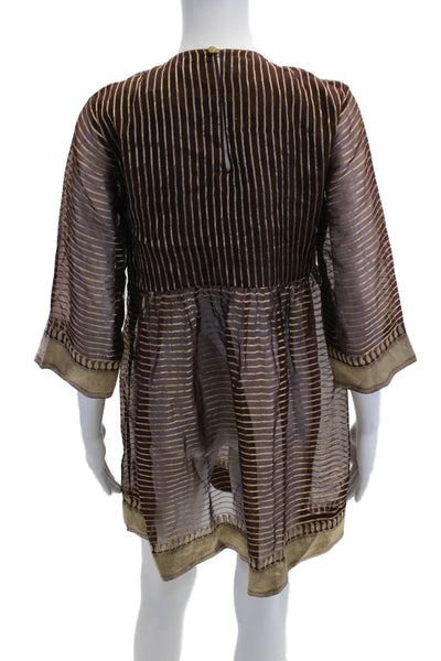 Designer Womens Brown Shift Dress 3/4 Sleeve Round Neck Size S