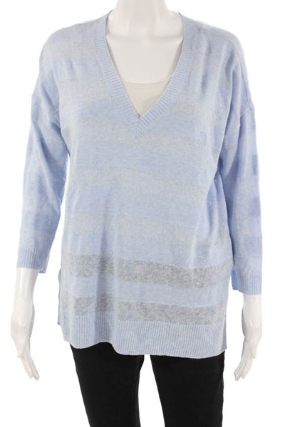 Lilla P Women Light Blue Striped V-Neck Pullover Sweater 3/4 Sleeve Size S