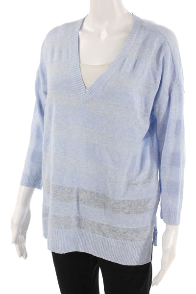 Lilla P Women Light Blue Striped V-Neck Pullover Sweater 3/4 Sleeve Size S
