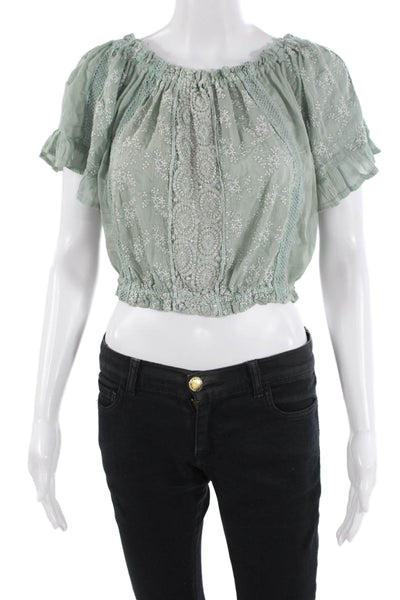 Sunday Saint Tropez Womens Cropped Floral Green Short Sleeve Blouse Size S