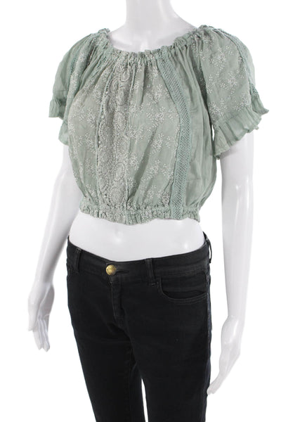 Sunday Saint Tropez Womens Cropped Floral Green Short Sleeve Blouse Size S