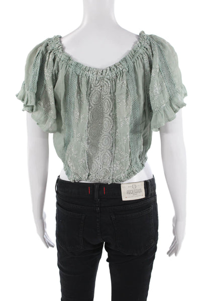 Sunday Saint Tropez Womens Cropped Floral Green Short Sleeve Blouse Size S
