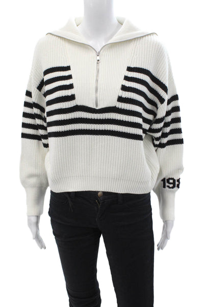 525 Unisex Pullover Collared Zip Striped White Cotton Long Sleeve 80s Size M