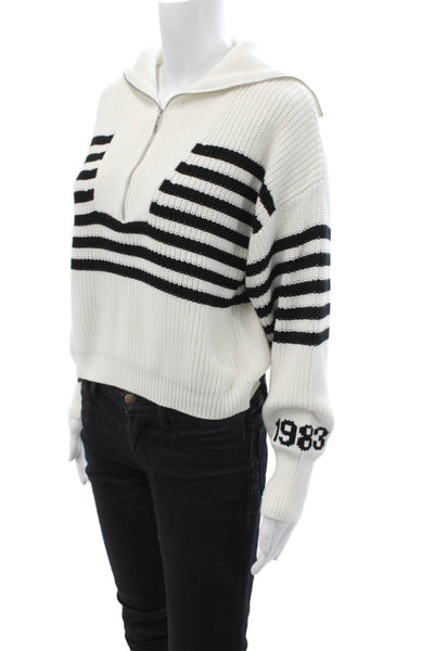 525 Unisex Pullover Collared Zip Striped White Cotton Long Sleeve 80s Size M