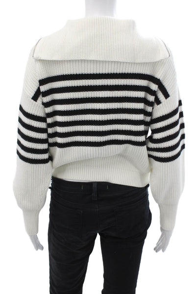 525 Unisex Pullover Collared Zip Striped White Cotton Long Sleeve 80s Size M