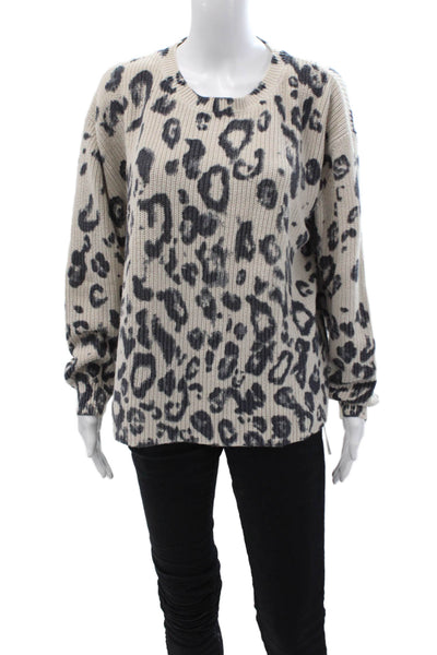 525 America Womens Pullover Sweater Beige Animal Print Crew Neck Cotton Size M