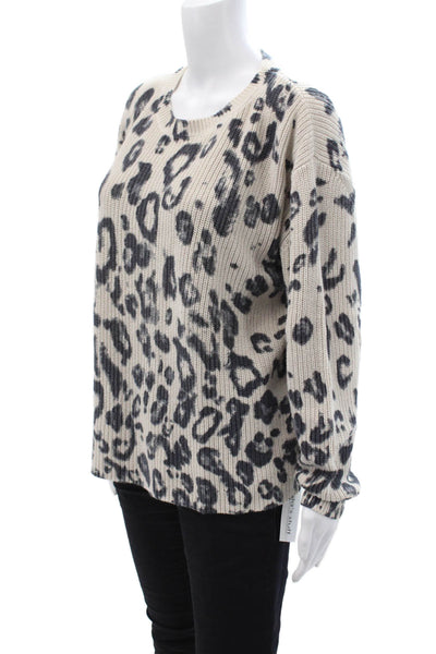 525 America Womens Pullover Sweater Beige Animal Print Crew Neck Cotton Size M
