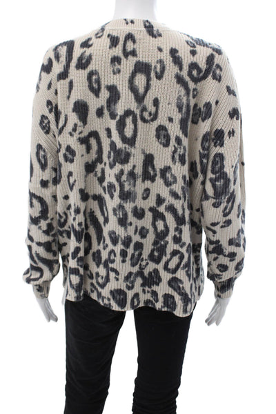 525 America Womens Pullover Sweater Beige Animal Print Crew Neck Cotton Size M