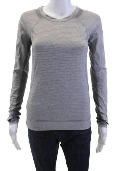 Lululemon Women Gray Striped Crew Neck Long Sleeve Basic T-Shirt Nylon Size S