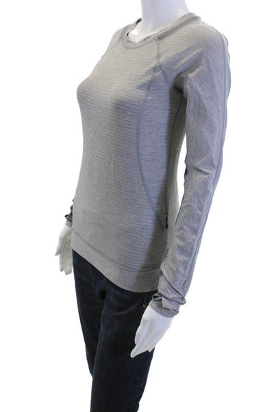 Lululemon Women Gray Striped Crew Neck Long Sleeve Basic T-Shirt Nylon Size S