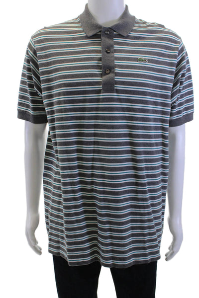 Lacoste Mens Cotton Striped Print Buttoned Short Sleeve Polo Top Gray Size 7L
