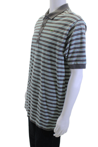 Lacoste Mens Cotton Striped Print Buttoned Short Sleeve Polo Top Gray Size 7L