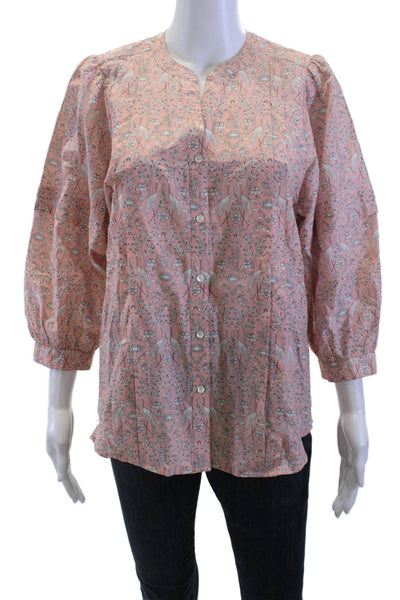 J. Mclaughlin Women Pink Bird Floral Tunic Button-Up 3/4 Sleeve Size S