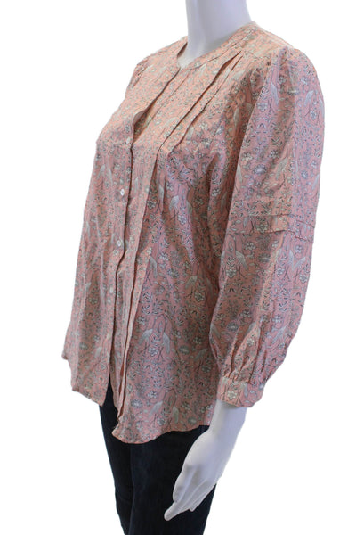 J. Mclaughlin Women Pink Bird Floral Tunic Button-Up 3/4 Sleeve Size S