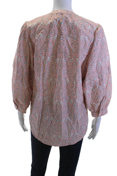 J. Mclaughlin Women Pink Bird Floral Tunic Button-Up 3/4 Sleeve Size S