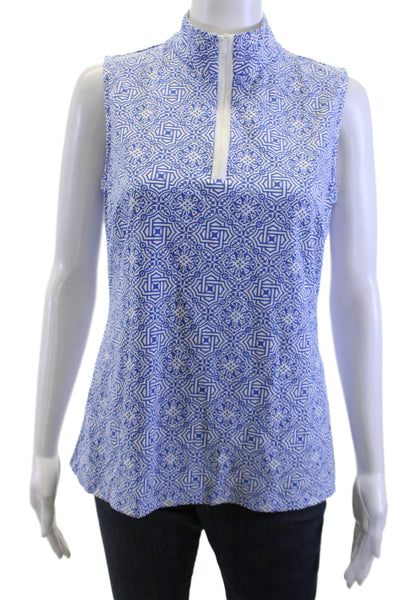 J. Mclaughlin Women Tunic Polo Aztec Mock Neck Sleeveless Blue Zip Size M