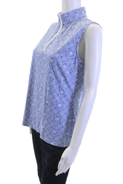 J. Mclaughlin Women Tunic Polo Aztec Mock Neck Sleeveless Blue Zip Size M