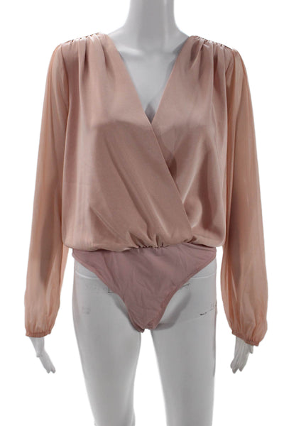 Adelyn Rae Women Bodysuit Long Sleeve V Neck Solid Pink Size M
