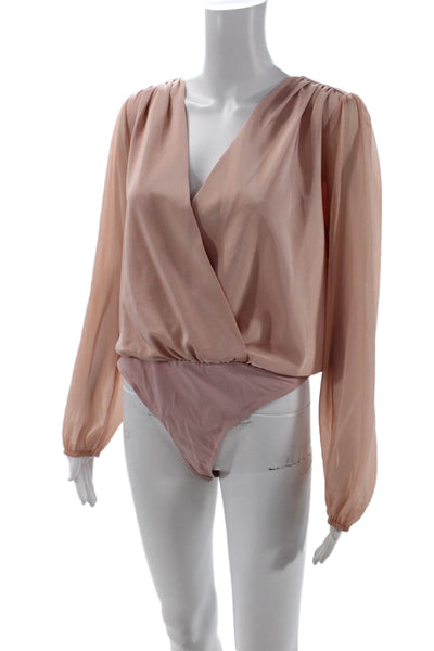 Adelyn Rae Women Bodysuit Long Sleeve V Neck Solid Pink Size M