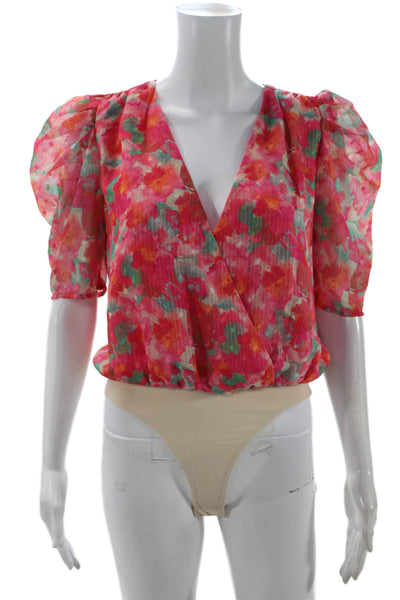 Adelyn Rae Women Pink Floral V-Neck Short Sleeve Polyester Blouse Size S