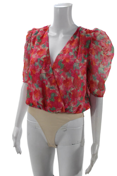 Adelyn Rae Women Pink Floral V-Neck Short Sleeve Polyester Blouse Size S