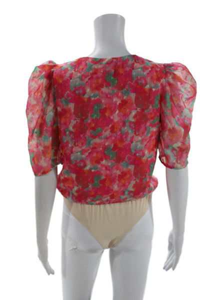 Adelyn Rae Women Pink Floral V-Neck Short Sleeve Polyester Blouse Size S