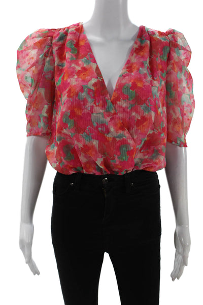 Adelyn Rae Women Pink Floral V-Neck Short Sleeve Polyester Blouse Size S
