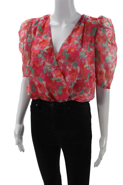 Adelyn Rae Women Pink Floral V-Neck Short Sleeve Polyester Blouse Size S