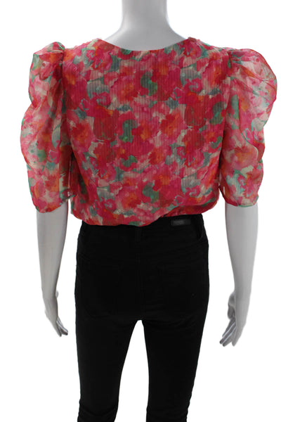 Adelyn Rae Women Pink Floral V-Neck Short Sleeve Polyester Blouse Size S