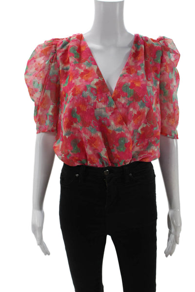 Adelyn Rae Women V-Neck Floral Pink Short Sleeve Blouse Polyester Size M
