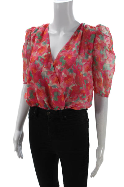 Adelyn Rae Women V-Neck Floral Pink Short Sleeve Blouse Polyester Size M