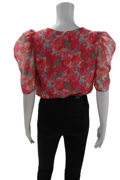 Adelyn Rae Women V-Neck Floral Pink Short Sleeve Blouse Polyester Size M