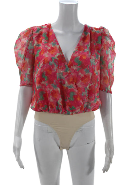 Adelyn Rae Women V-Neck Floral Pink Short Sleeve Blouse Polyester Size M