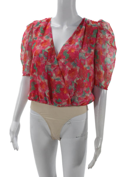 Adelyn Rae Women V-Neck Floral Pink Short Sleeve Blouse Polyester Size M