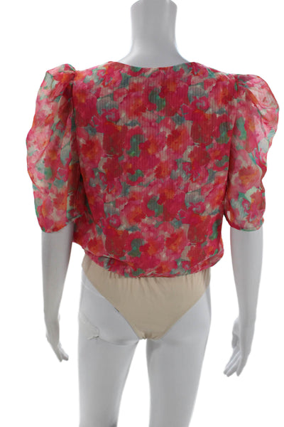 Adelyn Rae Women V-Neck Floral Pink Short Sleeve Blouse Polyester Size M