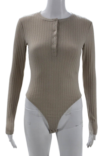 Zara Womens Beige Striped Basic Button-Up Long Sleeve Crew Neck Top Size S