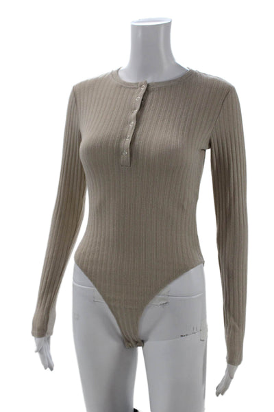 Zara Womens Beige Striped Basic Button-Up Long Sleeve Crew Neck Top Size S