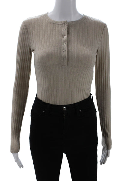 Zara Womens Beige Striped Basic Button-Up Long Sleeve Crew Neck Top Size S