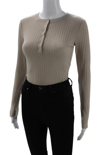 Zara Womens Beige Striped Basic Button-Up Long Sleeve Crew Neck Top Size S